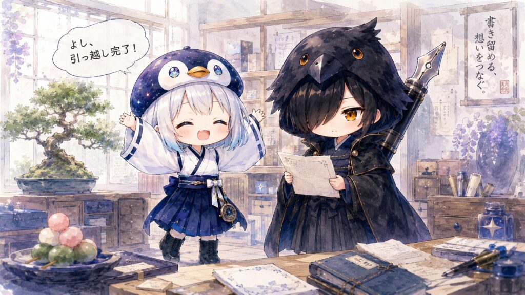 挿絵②（LP移行・VercelからConoHa）・海空が「よし、引っ越し完了！」と手を挙げる。黒羽がクリーンHTMLを手に持って確認している。