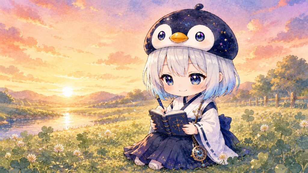 挿絵④・海空が夕暮れの空の下、小さな手帳に何かを書き留めている。ペンギン帽がちょこんと頭にのっている。