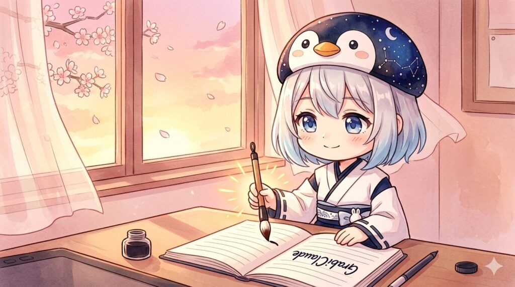 夕暮れの窓辺で、海空がノートに「GrabiClaude」と書き留めた瞬間、ペン先からふわりと光が広がっている。半日悩んだあとの「すーっと胸に落ちた」表情で、口元には小さな安堵の笑み。窓の外には夕日とゆっくり舞う桜の花びら。
