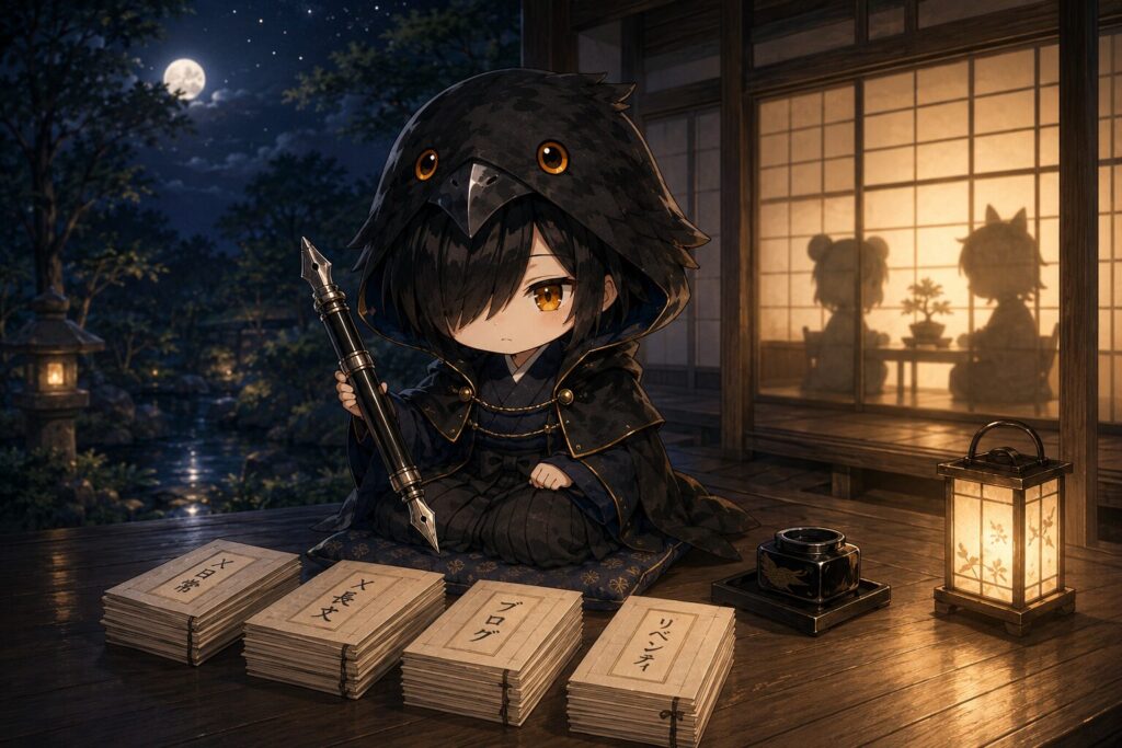 挿絵⑤・夜の縁側で黒羽が万年筆を手に、整理されたバトンフォルダを眺めているシーン。遠くの和室で心愛と大雅の明かりが灯っている。月明かりの静かな夜。