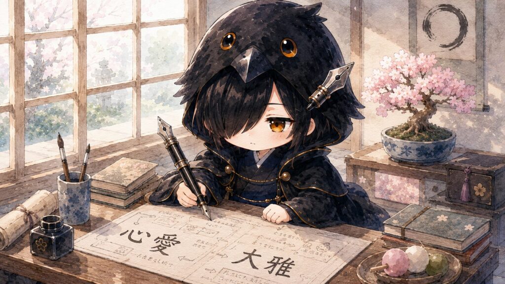 挿絵②・黒羽が文机に向かい、万年筆で設計メモを書いているシーン。心愛と大雅の名前が書かれた和紙が机の上に広がっている。