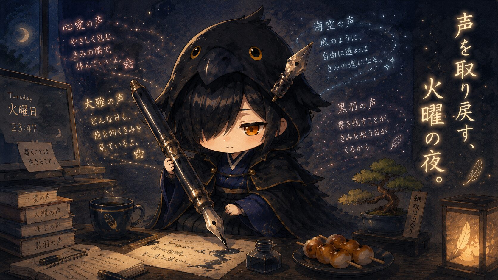 火曜日の深夜のデスク。黒羽が万年筆を構え、画面の中で四人それぞれの「声」がうっすら浮かんでいる構図。直筆スタイル決定の夜を象徴するブログカバー。イラストタイトル「声を取り戻す、火曜の夜。」を画像内右上に添える。秋色さん本人は描かない。黒羽のみの単独構図。