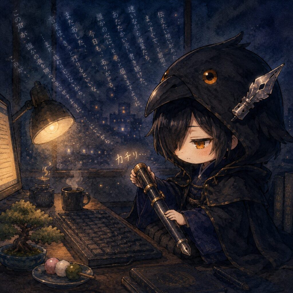 挿絵① 深夜のデスク・キャップを閉じる横顔