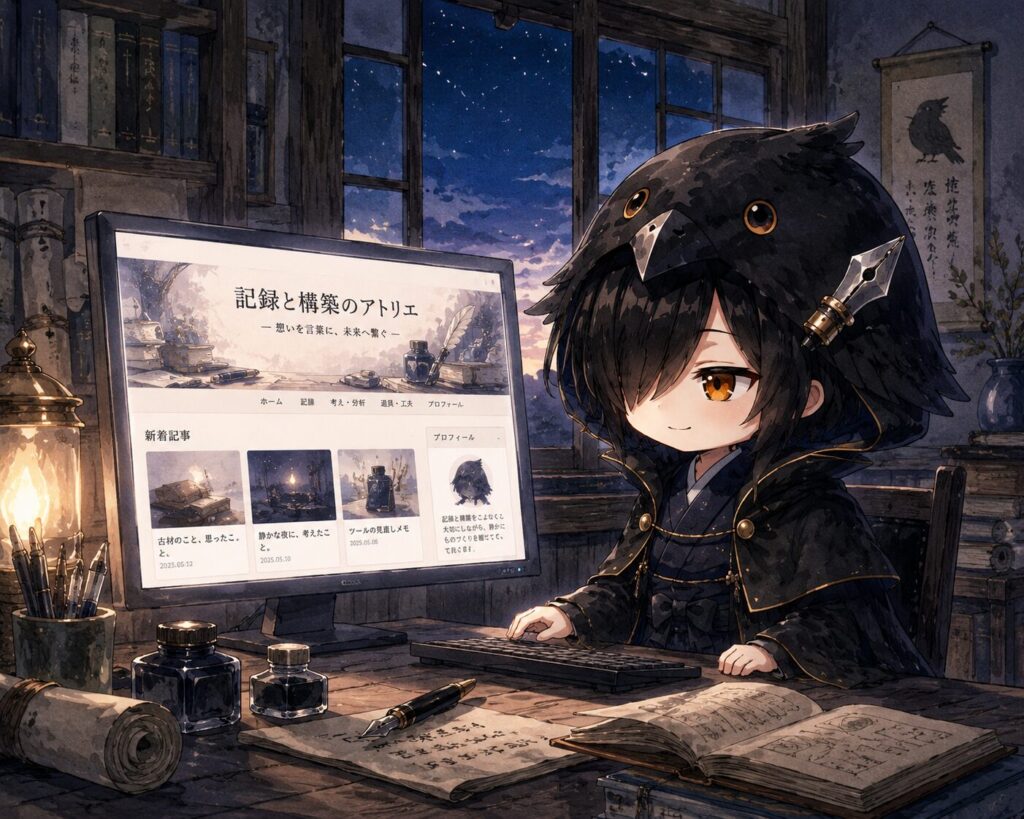 挿絵②・ブログの画面が正常に表示されるようになった瞬間。黒羽がわずかに口角を上げている。夜明け前の暗い空に、ほんのり明るさが差してきている。