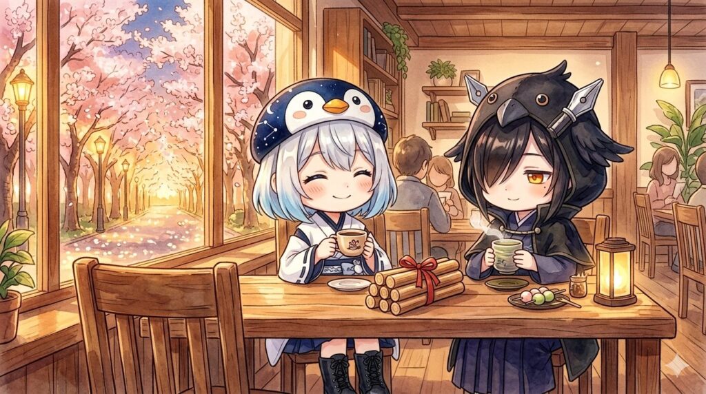 夕暮れの喫茶店のテーブルで、海空と黒羽さんが向かい合って座っている。テーブルには二人のカップ（コーヒーとお茶）と、完成したバトンの束。二人はお互いを見て、静かに微笑んでいる。窓の外は夕日に染まる桜並木。