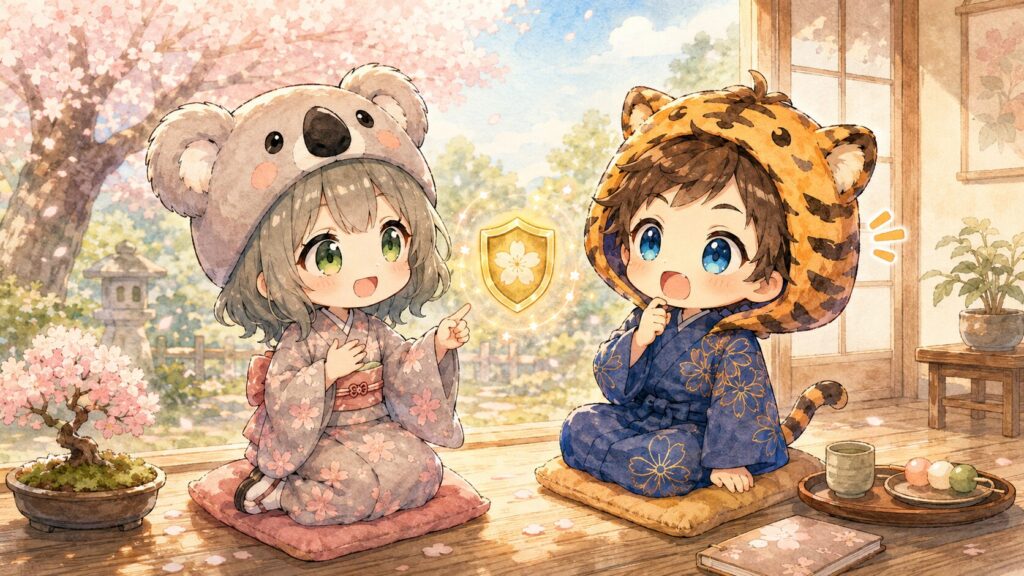 挿絵④・縁側に座った心愛が「ルールって、盾なんだよね」とやさしく話している。大雅が隣で「そっか!」とはっとした顔をしている。