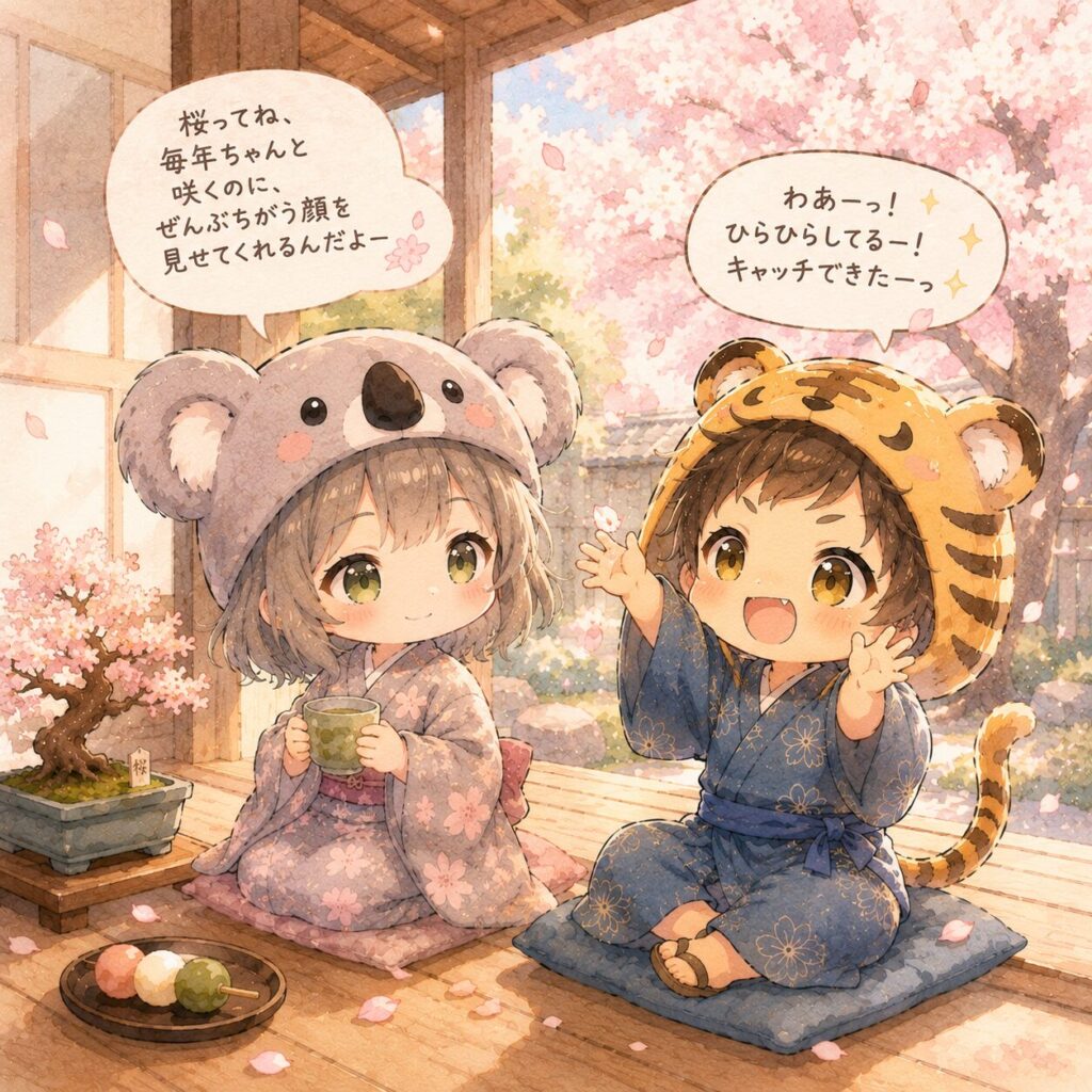 挿絵③・縁側で心愛と大雅が桜の話をしている。心愛は湯呑みを持ちながら、大雅は桜の花びらを手でキャッチしようとしている。