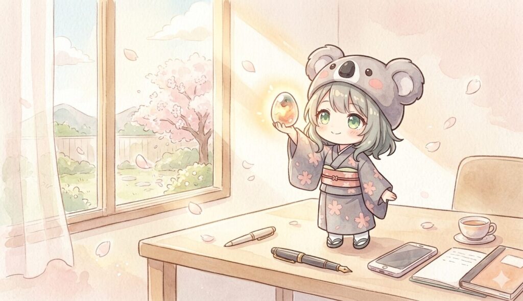 朝の窓から差し込む光に向かって、心愛が現代のデスクの上で小さな半透明の恐竜の卵を両手で高く掲げている。机の上には万年筆・スマートフォン・ノートが並び、卵の中から温かい内側の光が灯って過去と未来を繋ぐ橋のように見える。桜の花びらが室内にふわふわ舞う、希望に満ちた春の朝。