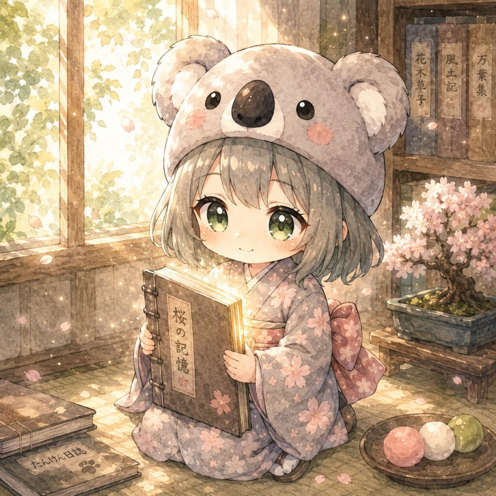 挿絵②・窓際のやわらかな光の中で心愛が古い和綴じ本を両手でそっと抱えている。ページのあいだからかすかな光がにじむ。