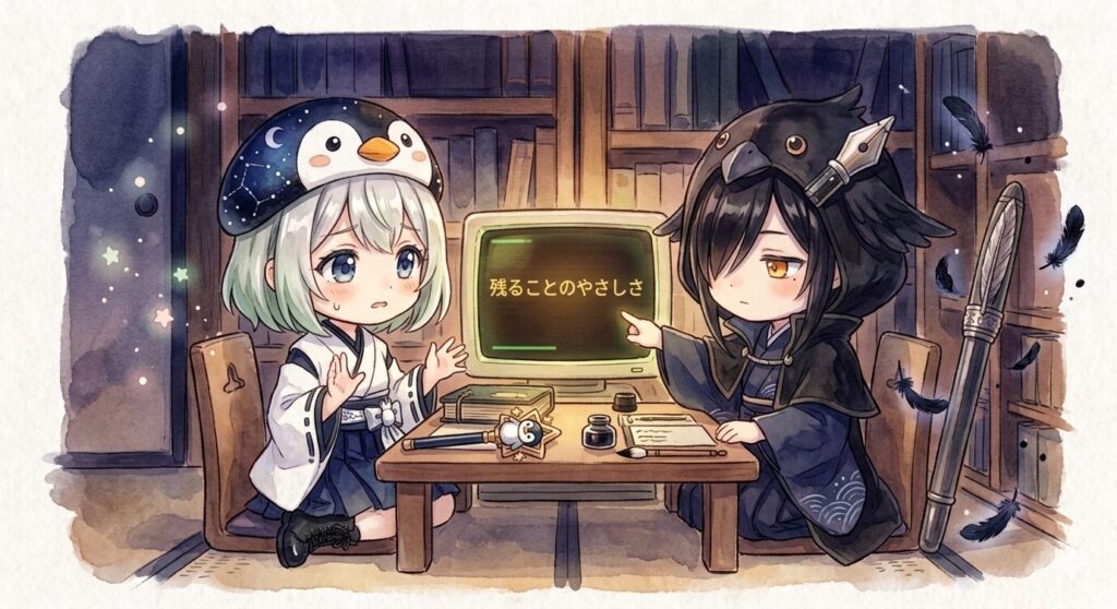 薄暗い書斎でターミナルの前に並んで座る海空（星屑ペンギン帽・銀色ボブ髪）と黒羽（鴉のフード・漆黒髪）。海空が小さな手を動かしながら相談する仕草で、黒羽が眠たげな目で画面の「残ることのやさしさ」という一行を静かに指差している。星屑と墨の羽根の粒子が宙にふわりと舞う、落ち着いた作戦会議の雰囲気。