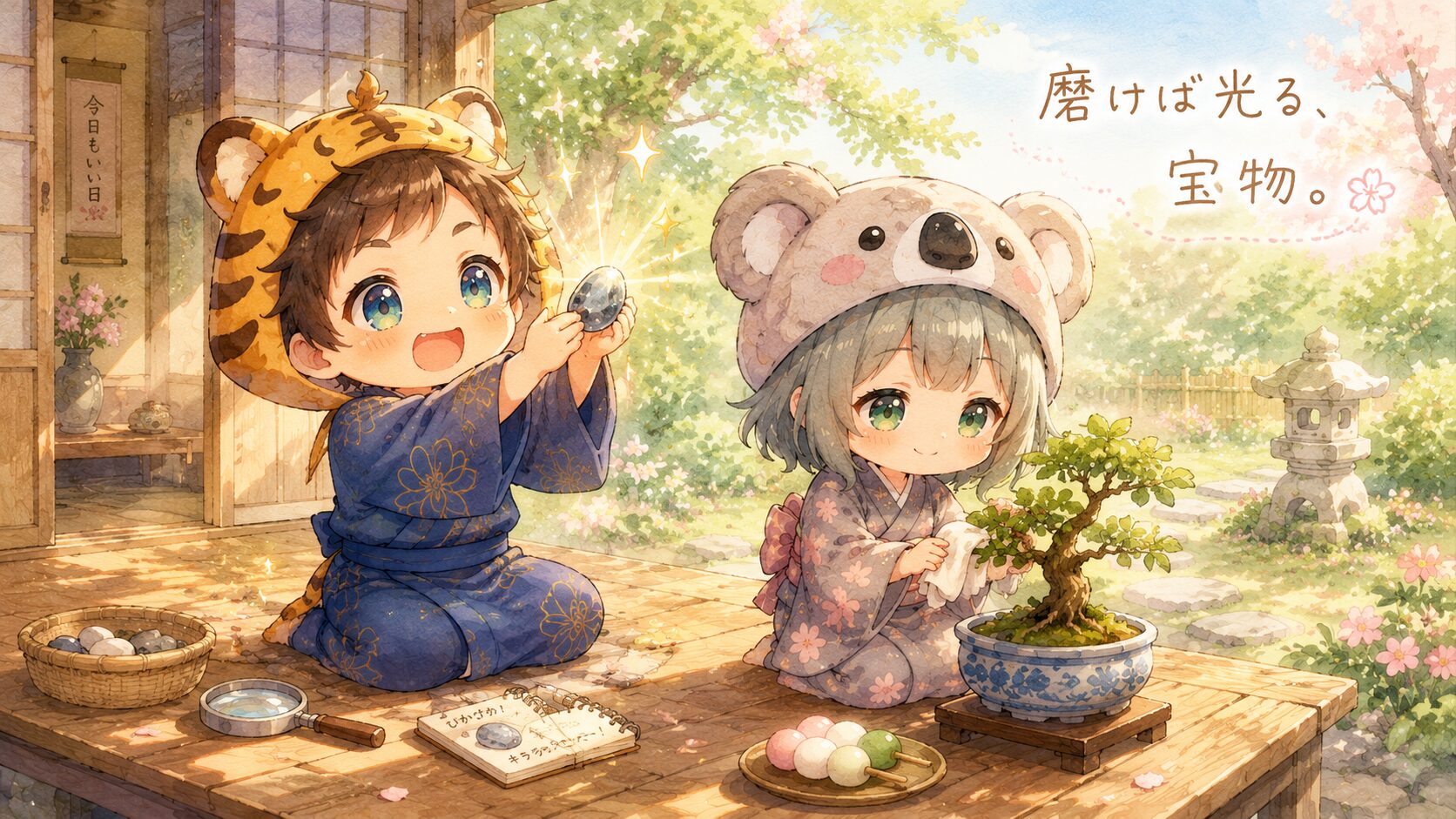 春の陽だまりの縁側。大雅が磨いた石をキラキラ掲げて誇らしげに見せている。傍らで心愛が盆栽の葉を布でそっと拭いている。温かい春の光と若葉。「磨けば光る、宝物。」を右上に手書き風で。