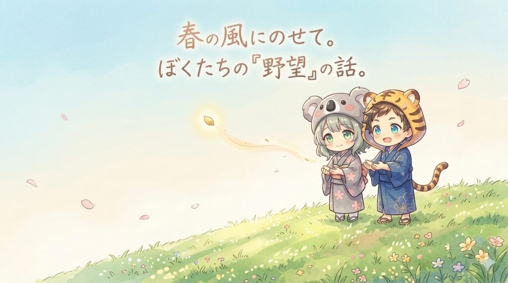 なだらかな春の丘の上、心愛と大雅が並んで立ち、両手で包んだ小さな光る種をそっと風に放っている。種は淡い金色の光をまとって、空のずっと先へと舞い上がっていく。「春の風にのせて。ぼくたちの『野望』の話。」というX記事タイトルが空に書道風に浮かぶ。