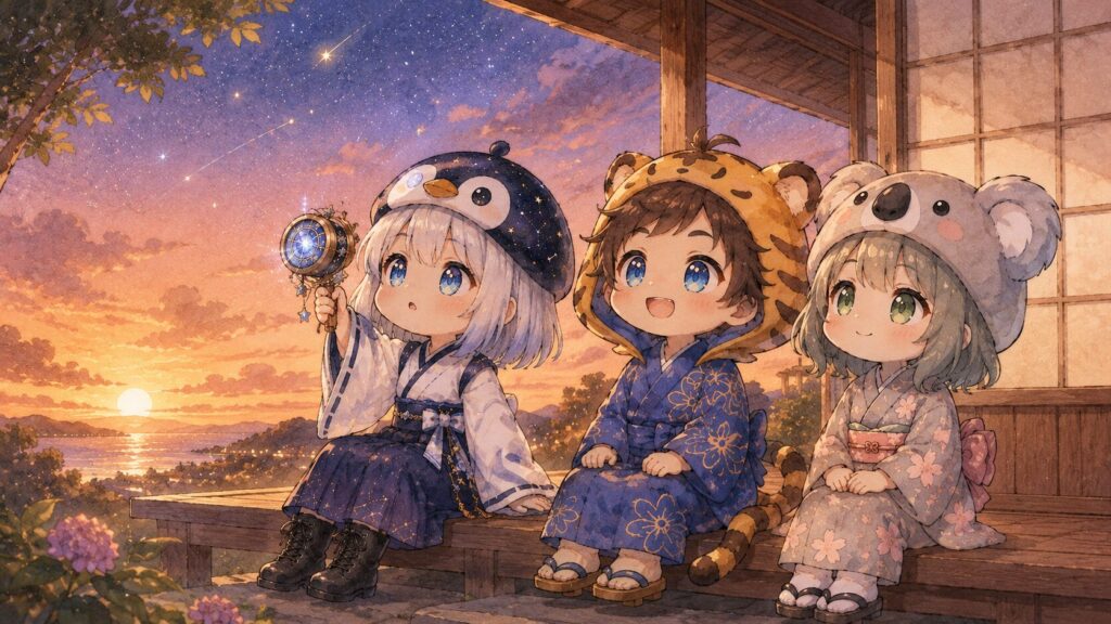 挿絵⑤・夕暮れの縁側に心愛と大雅が並んでいる。海空が星屑万華鏡を手に持って空を見ている。穏やかな締め。