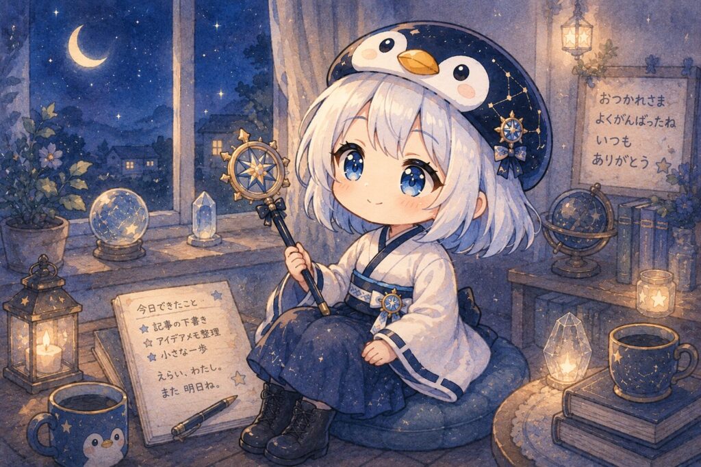挿絵⑥ 夜、静かになった後の海空・今日を振り返るような表情