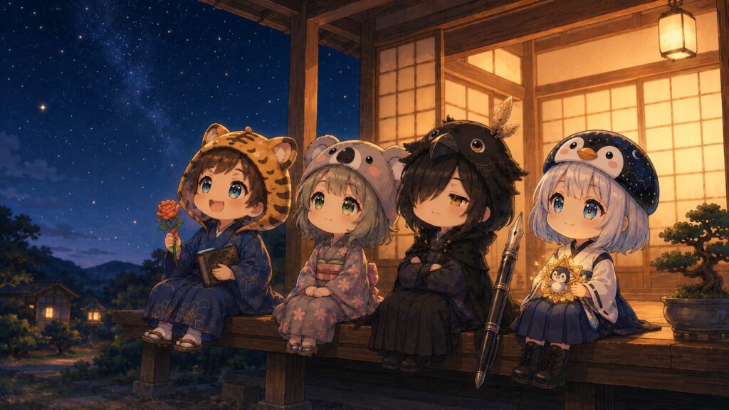 夜の縁側で4人が並んで座っている。大雅が片手にバラ、もう片手に本を持って空を見上げている。心愛・黒羽・海空も並ぶ。夜空に小さな星が光る。海空の星屑万華鏡がちょっとだけ光っている。穏やかな締めの空気感。