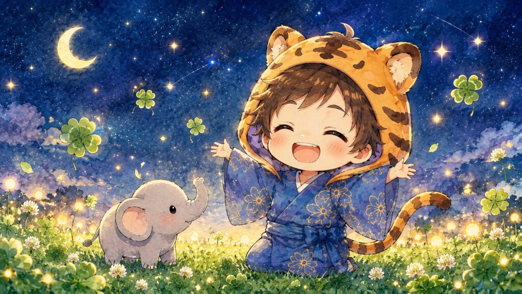 挿絵③・大雅が夜の空の下で満面の笑みを見せている。傍らに小さな象のシルエット。四つ葉のクローバーが周りに舞っている。