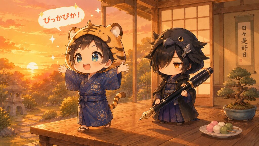 夕焼けの縁側で大雅が夕日に向かって「ぴっかぴか!」と言っている。黒羽が少し後ろで眠たげに万年筆を持ちながら夕日を見ている。オレンジ色の空。