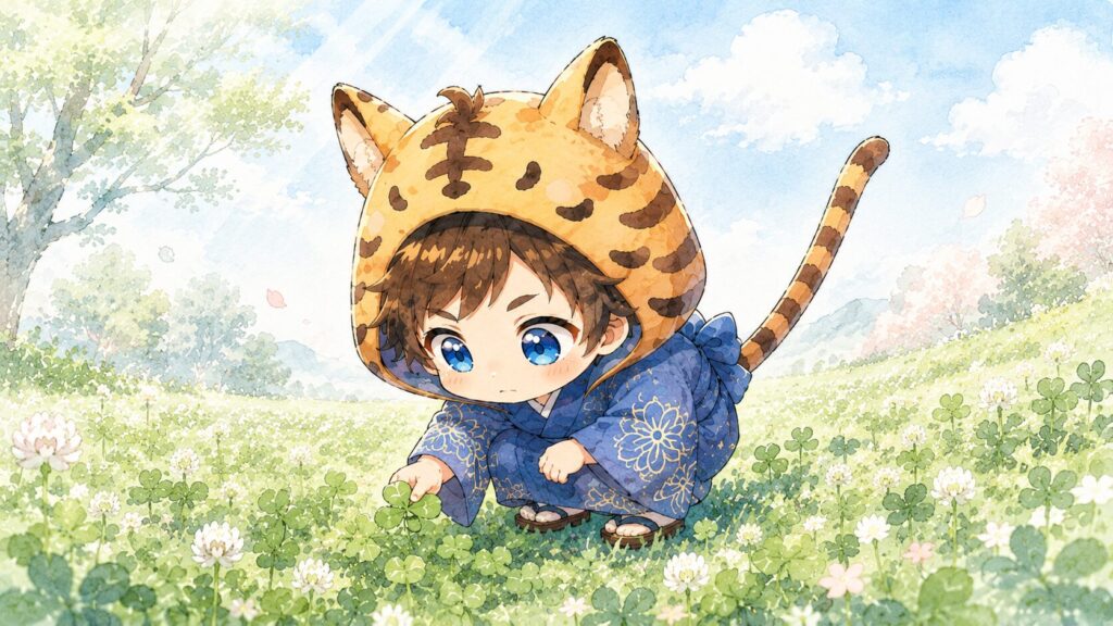挿絵①・大雅が草むらにしゃがみこんで集中した顔で四つ葉を探している。虎耳がぴんっと立って、尻尾がぴんと伸びている。朝の光。