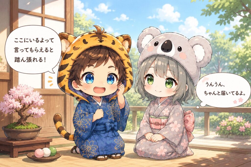 挿絵②・昼の縁側で大雅が何かに気づいてにんまりしているシーン。近くに心愛が座っていて、二人で話している雰囲気。窓から白色光。