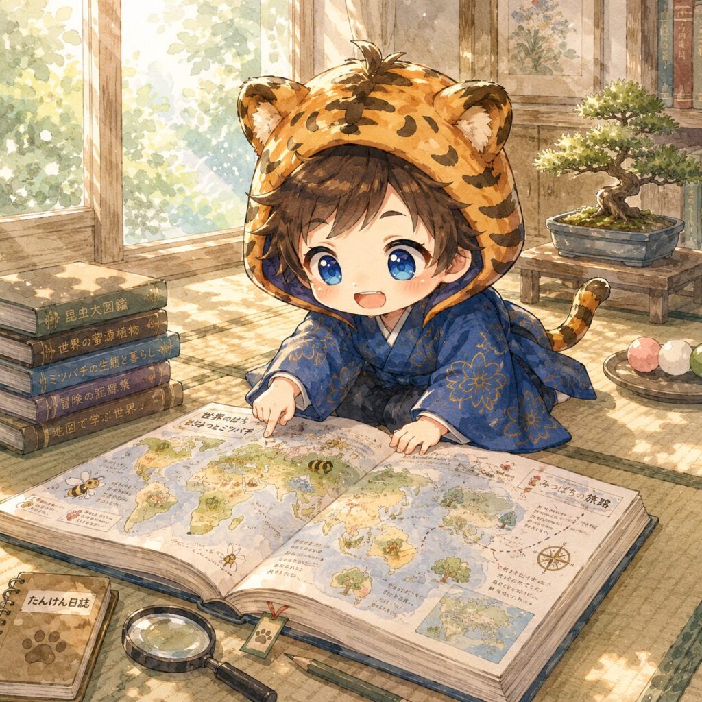 📷 挿絵①・大雅が朝の部屋に大きな図鑑を広げて、ページいっぱいの地図を目をキラキラさせて指差している。