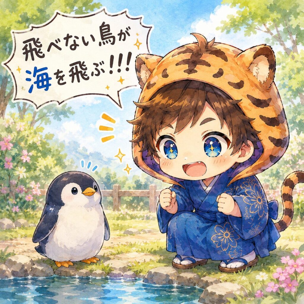 挿絵②・屋外で大雅がペンギンを発見して目をキラキラさせている。吹き出し「飛べない鳥が海を飛ぶ!!!」