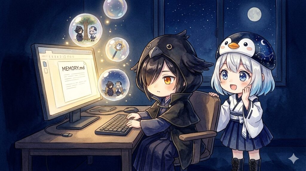 深夜のデジタル作業空間、静かなブルーの光の中で黒羽さんがMEMORY.mdというファイルにそっと書き込んでいる。ファイルから柔らかい金色の光が零れ始め、その光の中に小さな記憶のかけら（過去のシーンが浮かぶ泡）が浮かんでいる。傍らでそっと見守る海空の顔が、驚きと喜びで輝いている。