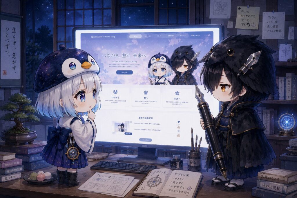 挿絵④・夜の和風アトリエで黒羽と海空が画面を眺めているシーン。画面にはLPのデザインが映っている。黒羽は万年筆を手に、海空は星屑万華鏡を腰に提げ、二人並んでいる。