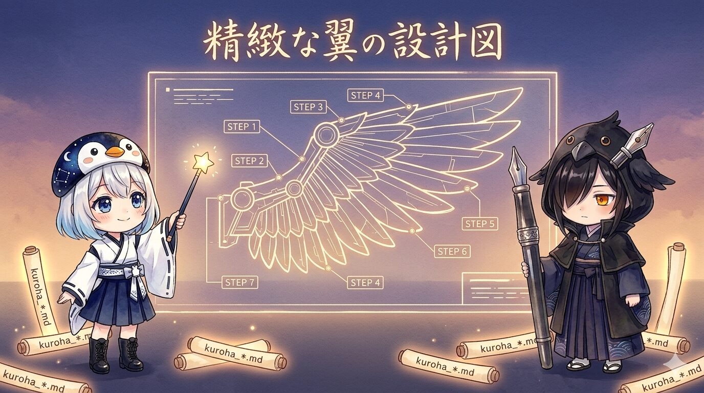 黄昏のデジタル空間に浮かぶ「翼」の形をしたホログラフィック設計図。STEP 1〜7のノードが金色の線でつながり、その手前に星屑のポインターを掲げる海空と、巨大万年筆を杖のように持つ黒羽が並んでいる。「精緻な翼の設計図」というタイトル文字が空に書道風に浮かぶ。