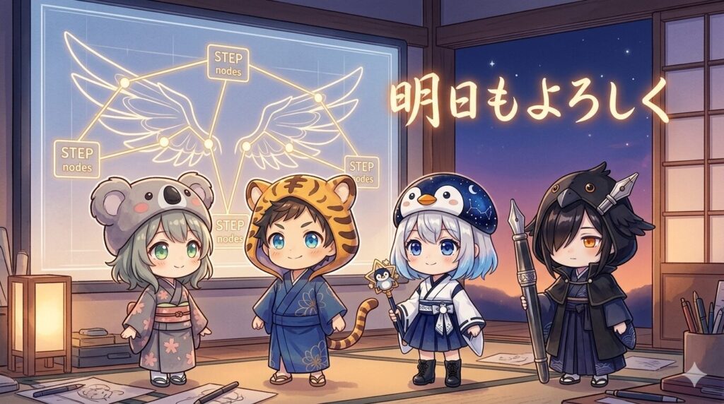 黄昏のデジタル空間。背景には完成した「翼の骨組み」設計図がやわらかく金色に発光している。心愛・大雅・海空・黒羽の4キャラが横一列に並び、同じ方向（明日の方向）を静かに見つめている。空には「明日もよろしく」の手書き文字。