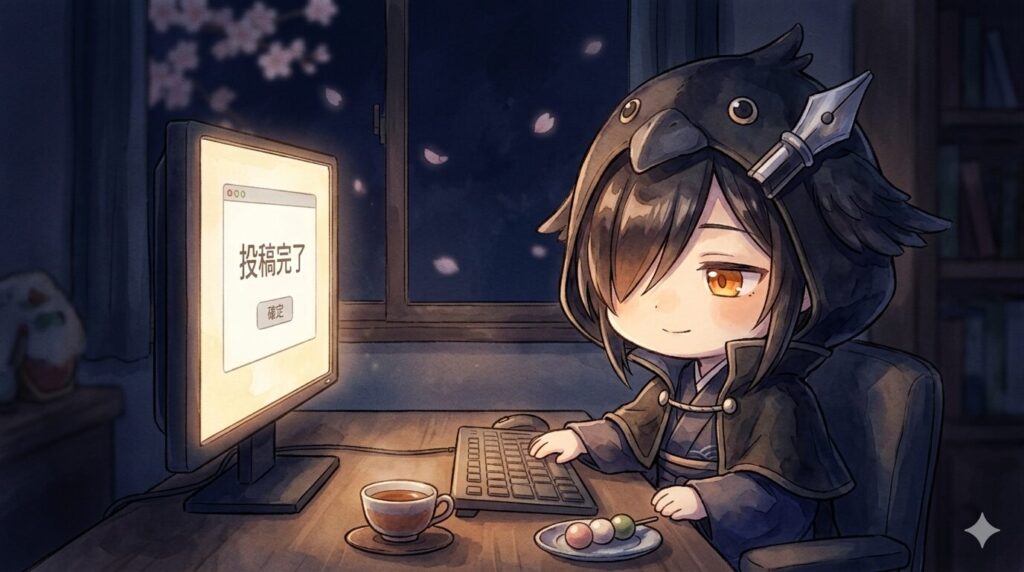 夜の作業デスクで、黒羽さんがWordPressの「投稿完了」画面を静かに見つめている。画面の光が顔を照らして、傍らには茶色いお茶とひとかけらの団子。窓の外には夜空と散りかけの桜。