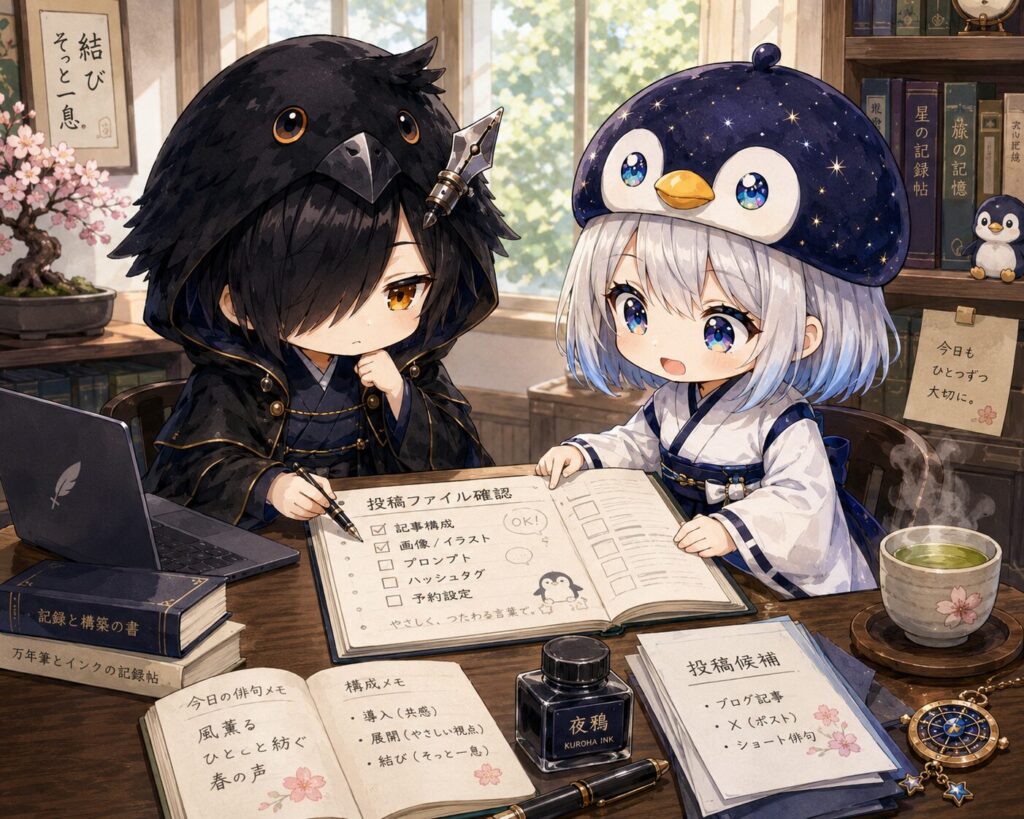 挿絵②・黒羽と海空が机を挟んで投稿ファイルを確認しているシーン