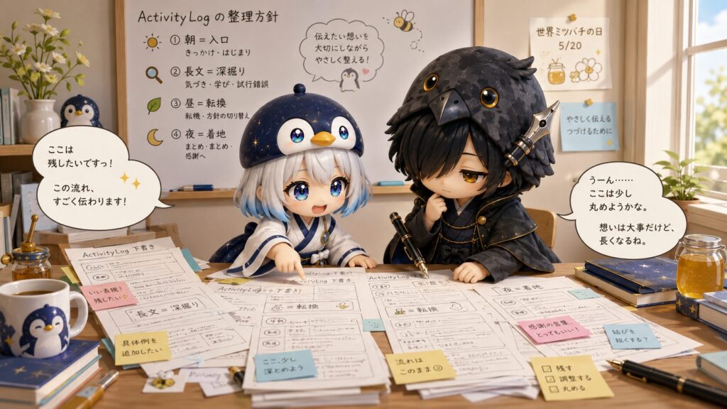挿絵②・海空がホワイトボードに投稿の役割分担を書いて黒羽に説明している場面
