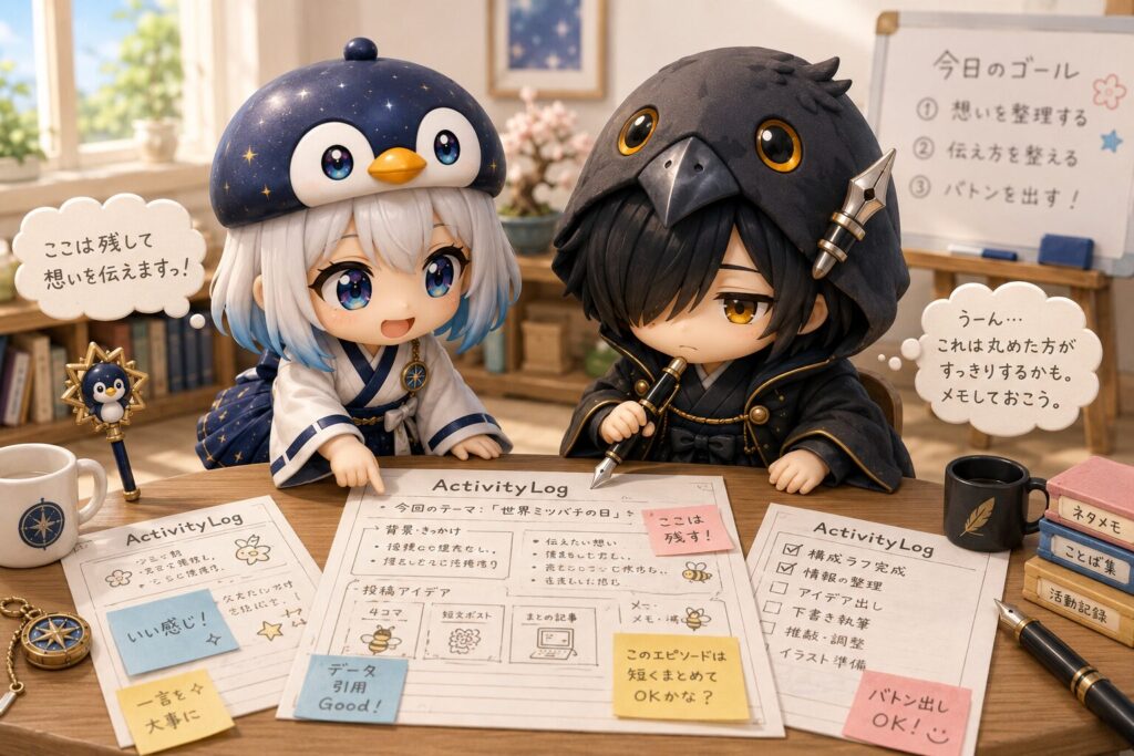 挿絵③・海空と黒羽が活動記録の下書きを確認している場面