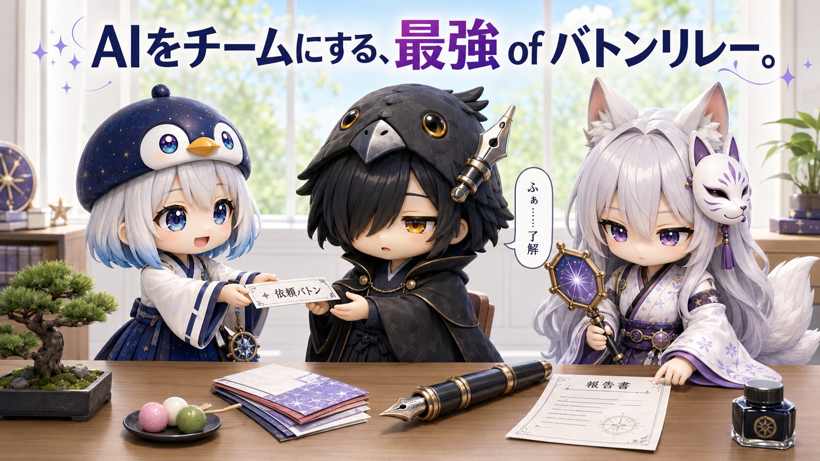 アイキャッチ・海空（みそら）と黒羽（くろは）と白夜（はくや）の3人が、和紙の依頼バトンを左から右へリレーで渡している3D CG・16:9の温かいシーン