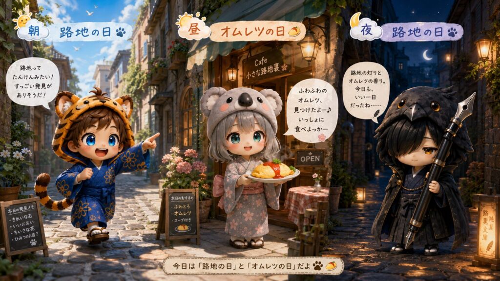 挿絵①(16:9)・「路地の日」(朝の大雅=路地裏探検/昼の心愛=路地裏カフェ/夜の黒羽=夜の石畳路地)に、オムレツの日の心愛が加わった、にぎやかで和やかな投稿完走の一日のシーン。