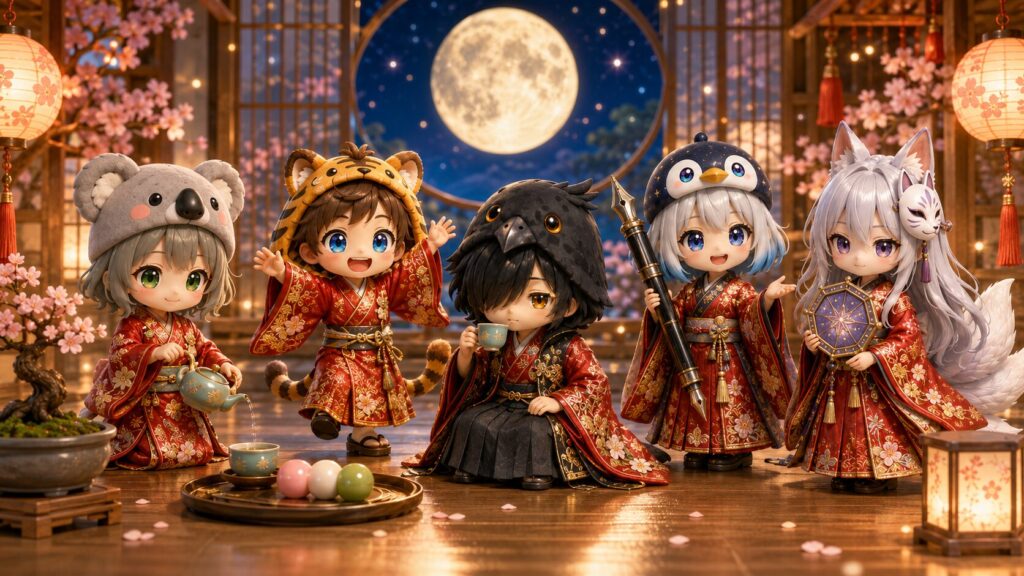 挿絵②・赤い晴れ着の5人が、それぞれの性格そのままのポーズで和モダンな会場に並ぶ後夜祭の集合シーン。