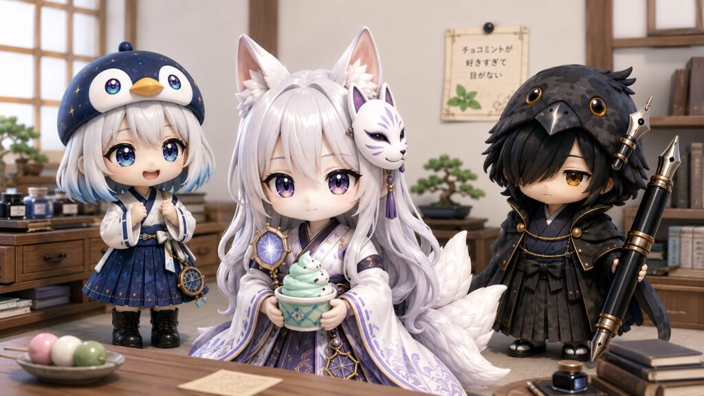 挿絵②・白夜がチョコミントアイスを静かに両手で持ち、お面の下でほんの少しだけ嬉しそうにしているシーン。横で海空が「目がないんですねっ！」とにこにこ、黒羽が「ふぁ……」と眠たげに横を向いている。