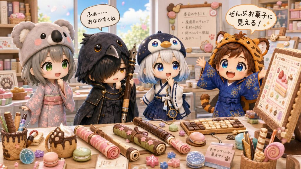挿絵③（16:9）・架空の「お菓子フィルター」が暴走し、作業部屋のバトンやモニターまでもがお菓子に見えてきて、心愛・大雅・海空・黒羽が目を丸くして笑い合っている、コメディタッチのにぎやかなシーン。