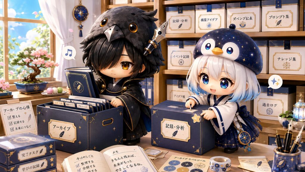  挿絵⑤・アーカイブボックスに丁寧にファイルを収める黒羽と、ラベルを貼る海空の場面。棚の古いファイルが静かに収まっていく。
