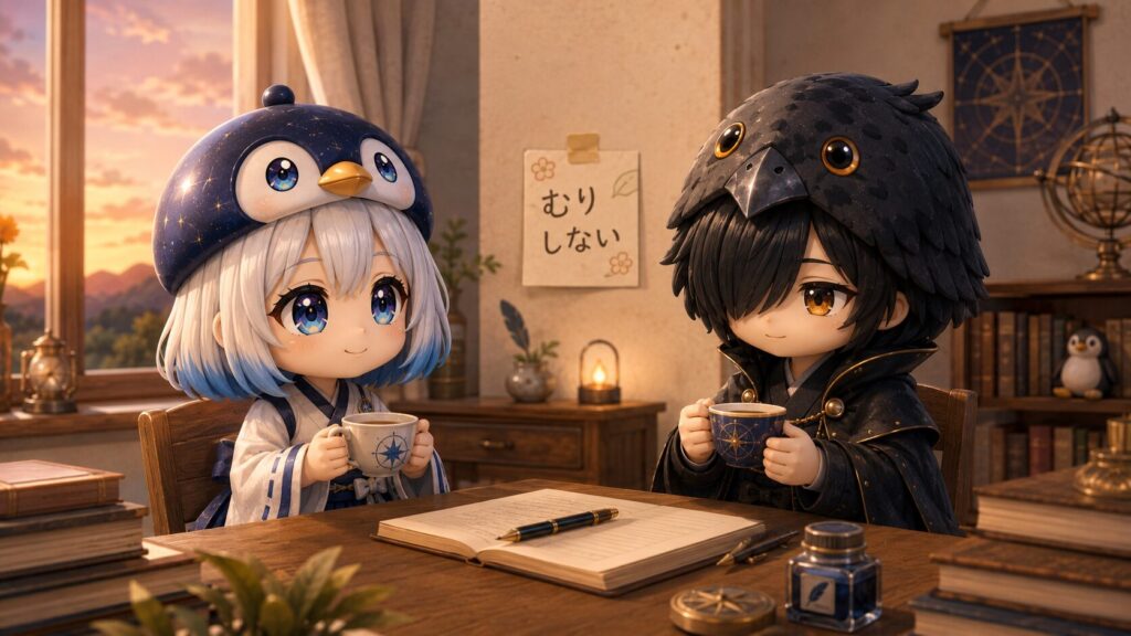 挿絵④・海空と黒羽がお茶を飲みながらひと休みしているシーン。壁に「むりしない」と書かれた小さな貼り紙。穏やかな夕方の室内。