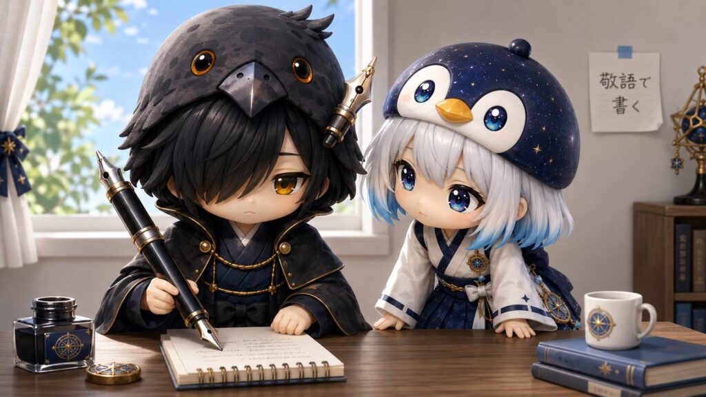 挿絵②・黒羽が巨大万年筆でメモを書き、海空が隣から覗き込んでいるシーン。壁に「敬語で書く」という小さな貼り紙。落ち着いた室内・昼。