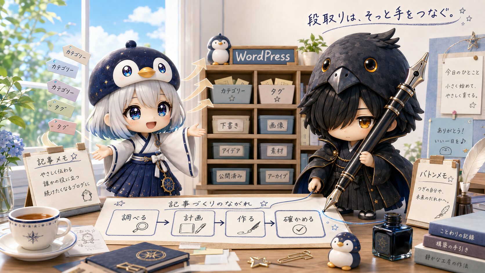 初夏の作業部屋で、海空が記事の覚書からカテゴリーとタグの札が自動で飛び出す仕組みを嬉しそうに見せ、黒羽が「調べる→計画→作る→確かめる」の段取り表とバトンを一本の線でつないでいる、自動化と段取り整理の場面