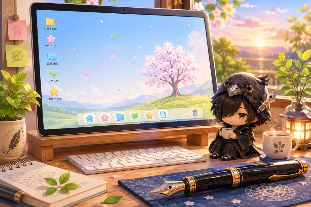 挿絵②・夕暮れの机の上。不要なファイルが消えて、すっきり整ったデスクトップ画面。巨大万年筆が机の端に置かれ、新しい作業への余白が生まれている。