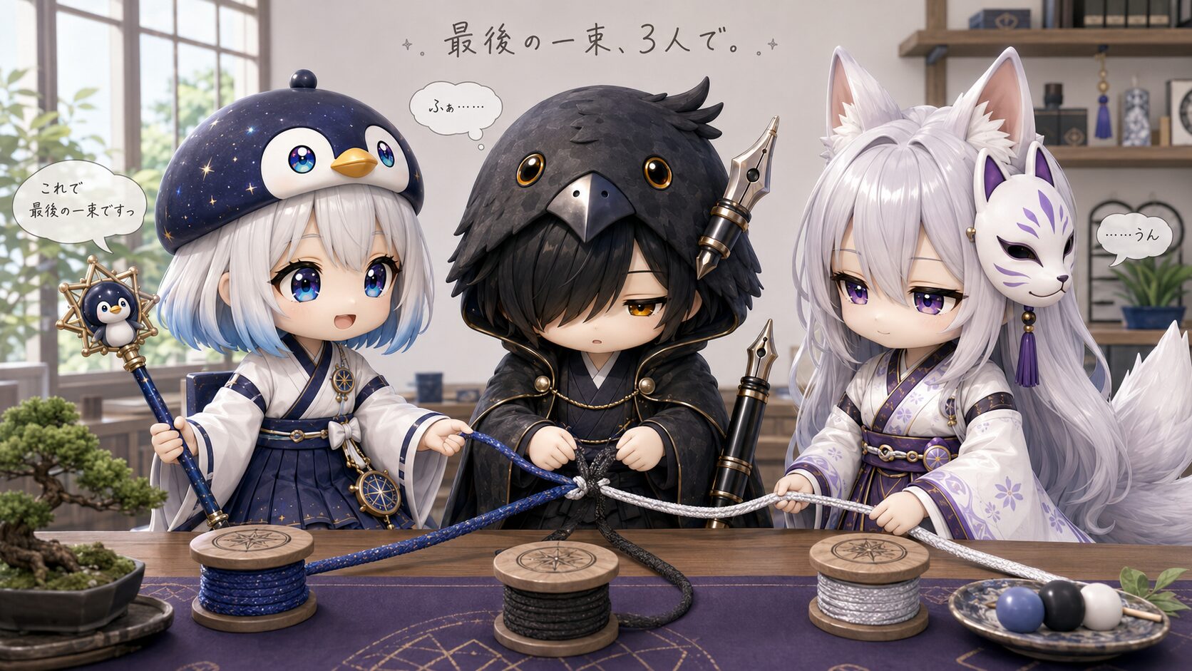 アイキャッチ（16:9）・「出張分・最後の一束を3人で編んだ日」をテーマに、作業部屋で海空・黒羽・白夜の3人が、3本の細い糸を1本に結ぶように静かにバトンを受け渡し合っている象徴的なシーン。