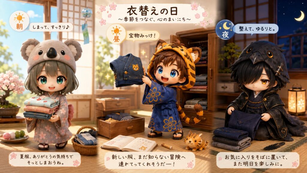 挿絵①(16:9)・「衣替えの日」の一日。朝の心愛(夏服を抱える)・昼の大雅(たんすの宝探し)・夜の黒羽(心の衣替え)が並ぶ和やかな日常シーン。