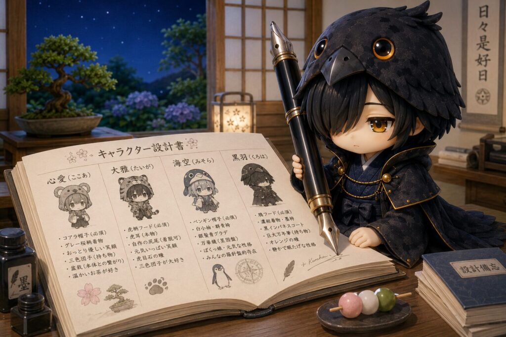 挿絵④・設計書を万年筆で書いている黒羽のアップ。ページにはキャラクター4人の簡略シルエットが描かれていて、それぞれの必須要素が箇条書きで並んでいる。オレンジの瞳が静かに画面を見つめている。