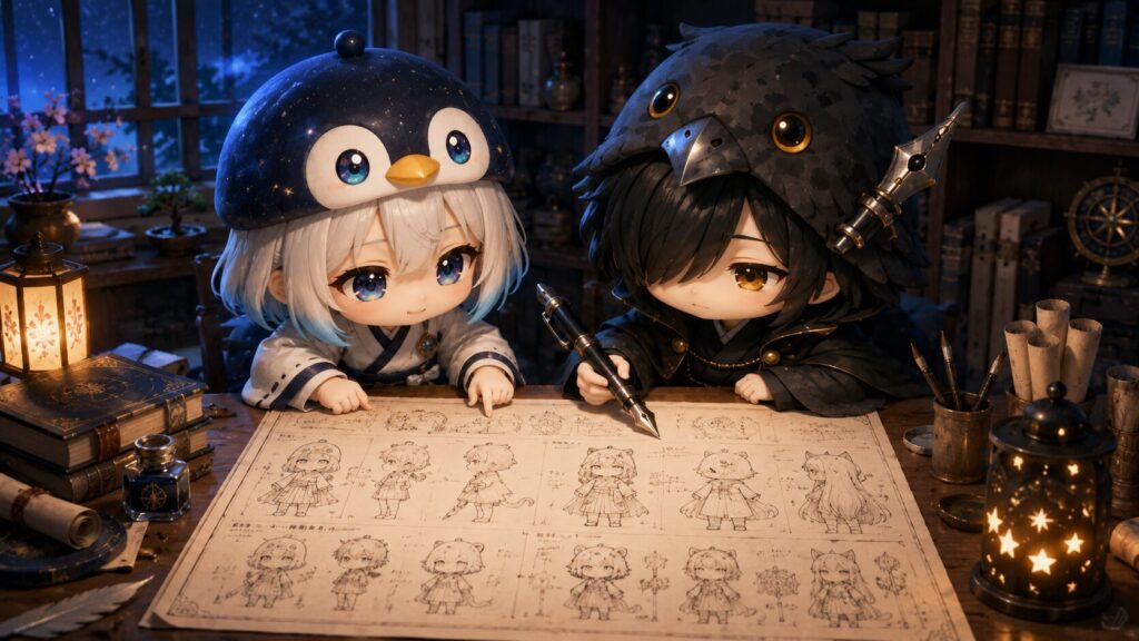 挿絵⑤・書斎のテーブルに4人の3面図スケッチが広げられている。海空と黒羽が覗き込んでいる。穏やかな夜の時間。