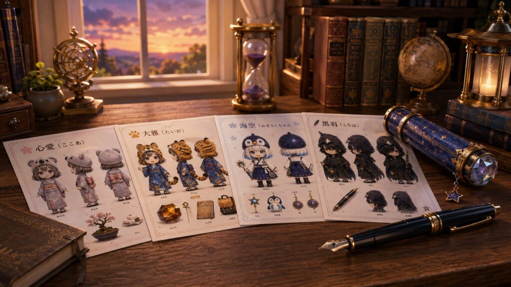 挿絵④・夕暮れ時の書斎の机に三面図シートが並び、万華鏡と万年筆が静かに置かれている一コマ