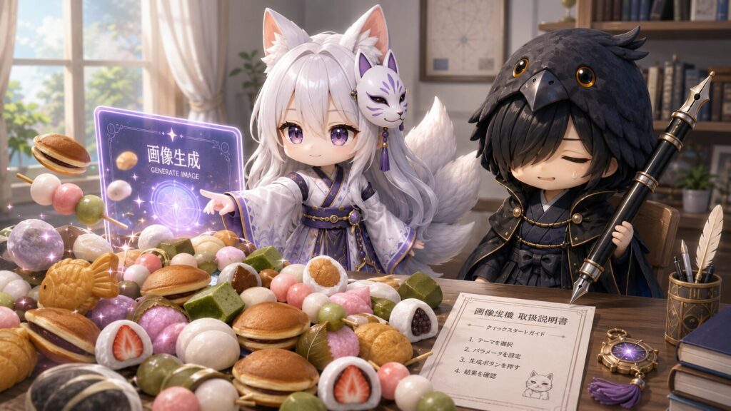 挿絵②・白夜が画像生成のボタンにそっと手を伸ばし、画面からお菓子が山盛りに飛び出している。隣で黒羽が苦笑い。机にマニュアルの紙。落ち着いた室内・昼。