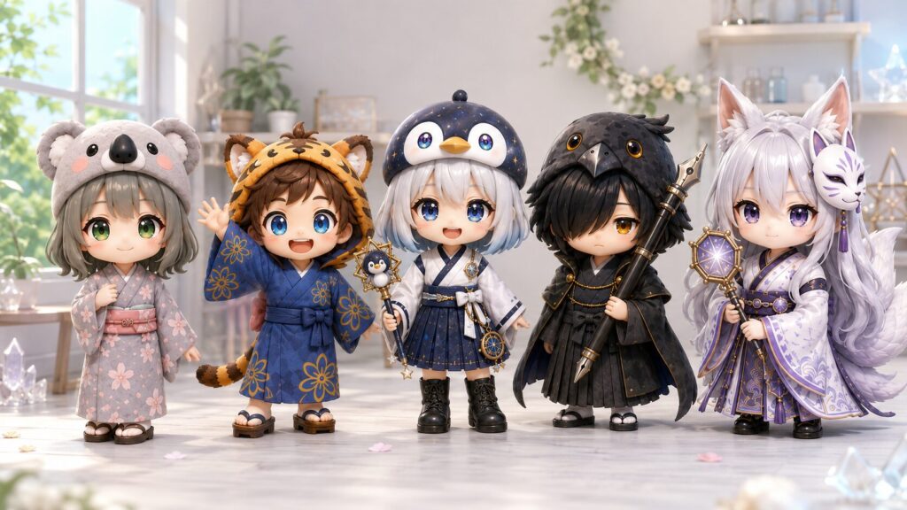 挿絵③(16:9)・心愛・大雅・海空・黒羽・白夜の五人が、新しい固定プロフィール用の3DCG一枚絵の中に、はじめてみんなそろって並んでにこやかにしている、記念すべき全員集合のシーン。